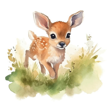 Cute little deer cartoon in watercolor painting style