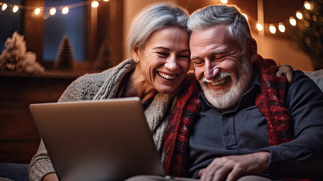 Senior middle aged happy couple embracing using laptop together, smiling elderly family reading news, shopping online at home, social networking concept.