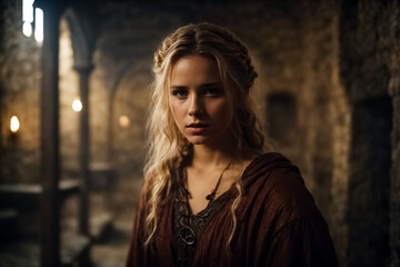 Fototapeta premium Young blond woman in a medieval vault. She looks sad.