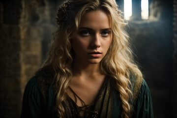 Fototapeta premium Young blond woman in a medieval vault. She looks sad.