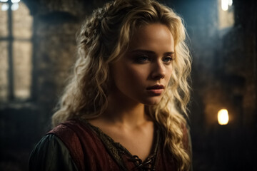 Fototapeta premium Young blond woman in a medieval vault. She looks sad.