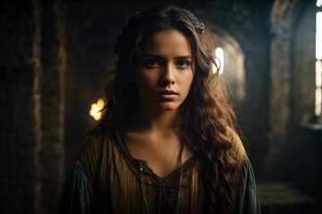 Young woman in a medieval vault. She looks sad.