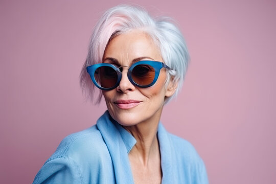 Portrait of 60yo mature senior woman in hipster outfit on blue background