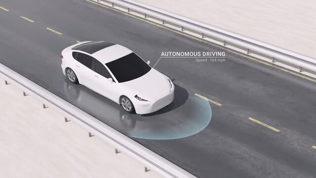 Autonomous car on highway road with radar scan, futuristic self driving electric vehicle with smart artificial intelligence technology, aerial view of wireless drive navigation concept 3d rendering