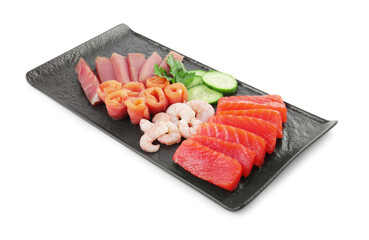 Delicious sashimi set of tuna, salmon and shrimps served with cucumbers and parsley isolated on white