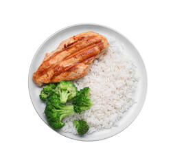 Plate with grilled chicken breast, rice and broccoli isolated on white, top view