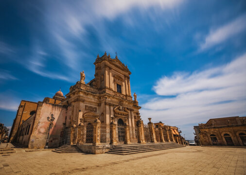 Facade of the Basilica of Santa Maria Maggiore, Ispica, Ragusa, Sicily, Italy. June 2023. Long exposure picture