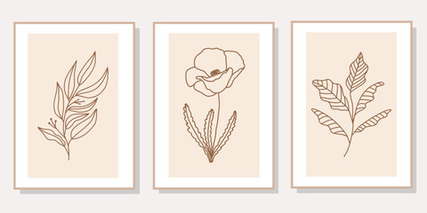 Abstract floral line art set of 3 minimalist prints. Vector design elements of nature for poster, prints, t-shirt, wall art, logo, banner, canvas prints, home decor, cover, wallpaper.