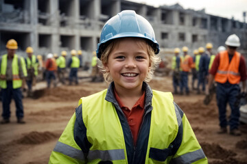 Happy toddler with helmet as foreman on construction site