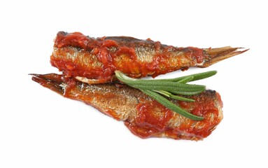 Tasty canned sprats with tomato sauce and rosemary isolated on white, top view