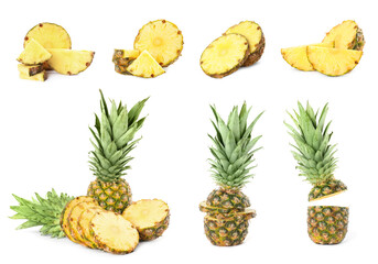 Set with cut and whole pineapples isolated on white