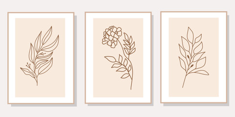 Abstract floral line art set of 3 minimalist prints. Vector design elements of nature for poster, prints, t-shirt, wall art, logo, banner, canvas prints, home decor, cover, wallpaper.