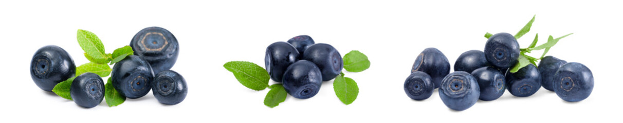 Set with tasty fresh bilberries and green leaves isolated on white