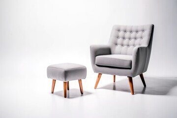 A grey armchair and ottoman on a white background, created by Generative AI