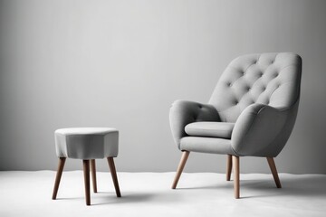 Fototapeta premium A grey armchair and ottoman on a grey background, created by Generative AI