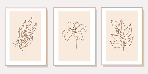 Abstract floral line art set of 3 minimalist prints. Vector design elements of nature for poster, prints, t-shirt, wall art, logo, banner, canvas prints, home decor, cover, wallpaper.