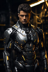 Fototapeta na wymiar Portrait of a handsome man wearing futuristic combat suit
