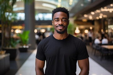 Obraz premium Portrait of handsome man standing in shopping mall with black t-shirt