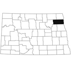 Map of Walsh County in North Dakota state on white background. single County map highlighted by black colour on North Dakota map .