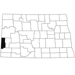Obraz premium Map of golden valley County in North Dakota state on white background. single County map highlighted by black colour on North Dakota map .