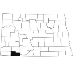 Map of Adams County in North Dakota state on white background. single County map highlighted by black colour on North Dakota map .
