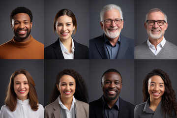 Portraits of happy diverse businesspeople smiling with dark background