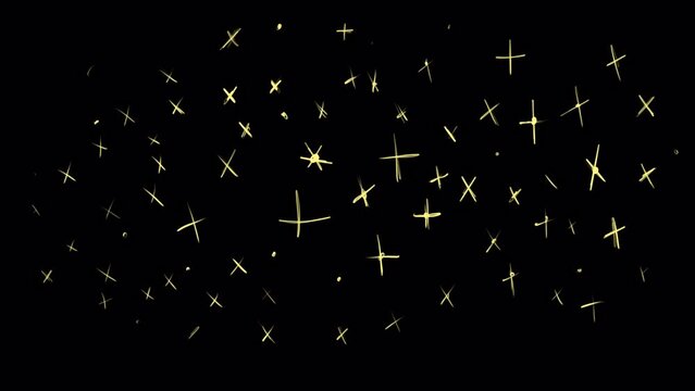 Cartoon shining gold glitter on a black screen. The sparkling clean surface of a new attractive object. Stock animation of yellow doodle stars in 4K with alpha channel.