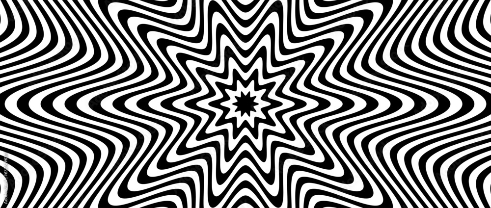 Poster radial optical illusion background. black and white abstract wave lines surface. poster design. conc