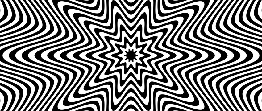 Radial optical illusion background. Black and white abstract wave lines surface. Poster design. Concentric repeating star or flower illusion wallpaper. Vector op art illustration