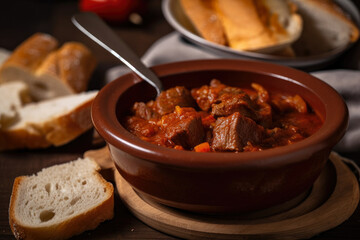 A rustic ceramic bowl holds a spoonful of tender beef and paprika goulash, accompanied by a slice of fresh bread in this close-up photo