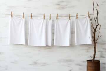White sheets and linen dry on a rope on clothespins, clean simple layout for text.copy space