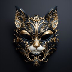 handmade jewelry mask in the form of a muzzle of a cat for the festival inlaid with gold and crystals, painted with enamel, in the form of a muzzle of a cat