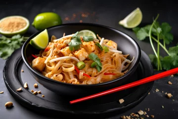 Foto op Canvas A colorful bowl filled with delicious Pad Thai noodles, accompanied by chopsticks and lime wedges on the side, creates a tempting and appetizing sight © aicandy
