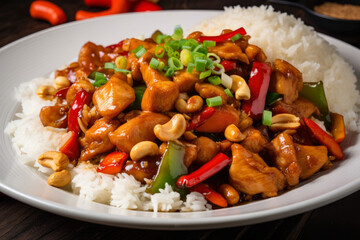 Kung Pao chicken, spicy red peppers, and diced peanuts on a bed of steaming white rice, topped with crispy green onions - a delicious and flavorful Chinese cuisine dish for a savory meal