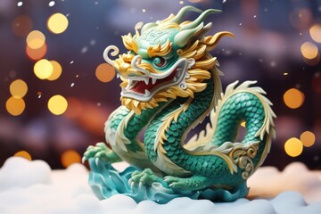 Obraz premium green Dragon Green dragon statue symbol of 2024 on bokeh background, copy space. 