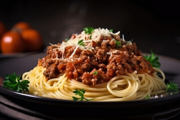A close-up of perfectly cooked Spaghetti Bolognese, featuring al dente pasta, a rich meat sauce, and delightful toppings of parsley and Parmesan cheese