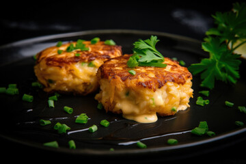 The photo captures a beautifully artistic macro shot of crab cakes drizzled with melted butter and sprinkled with parsley, complemented by chopped green onions on a sleek black plate
