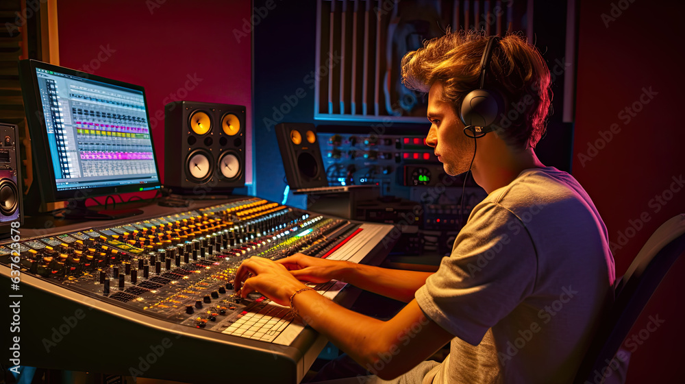 Aufkleber audio engineer working in music recording studio, uses mixing board and software to create modern so