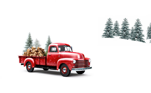 Holiday Red Truck carries a Christmas tree and gifts .on a white background. illustration for postcard or children's book. 