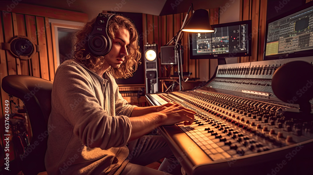 Aufkleber audio engineer working in music recording studio, uses mixing board and software to create modern so