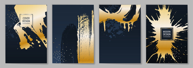 Set of modern covers with golden brush strokes. - obrazy, fototapety, plakaty