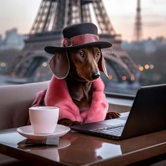 Poster Dachshund with brown face, on a vacation trip in paris city, generated AI © Gustavo