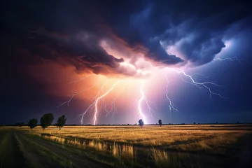 Deurstickers powerful storm brews, with menacing grey clouds swirling overhead, as lightning strikes the ground and thunder reverberates through the air, showcasing the raw and awe-inspiring power of nature © Anh