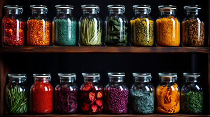 Vintage mason jars filled with colorful spices lining open shelves   - obrazy, fototapety, plakaty