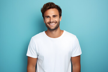 A man wearing white tshirt mockup, at blue background. Design tshirt mock-up, print presentation mock-up. AI generated.