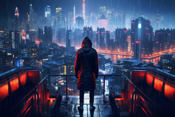 dark dystopian rain with a single person in a hood looking into the distance of the city, standing on a platform with his back against a futuristic building filled with technology, wallpaper
