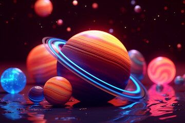 Fototapeta premium Realistic drawing of creative space scene in plain neon colors, planets, 3d 