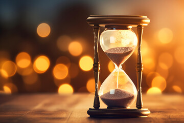 Time is running out. Hourglass on a table against a bokeh background. kintsugi style - obrazy, fototapety, plakaty