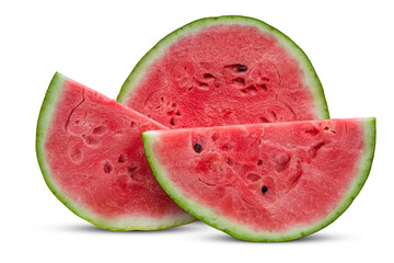 Two slices of ripe watermelon next to a watermelon cut in half. Isolated on transparent background.