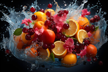 fruit in splash on black background